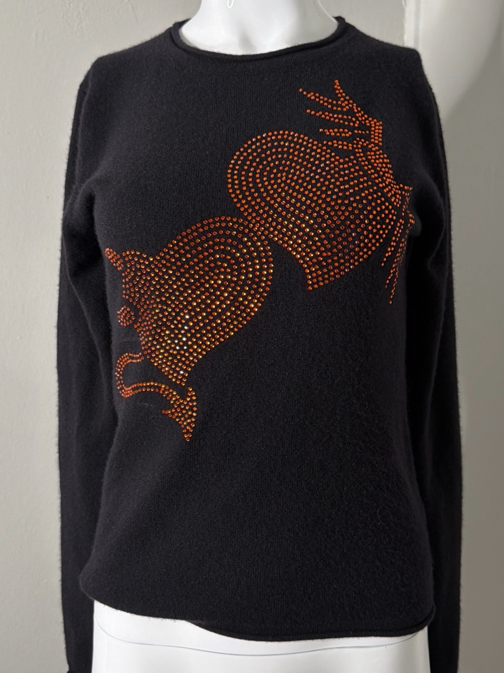 Vintage Women's Black Cashmere Long-Sleeve Sweater with Orange Crystal Heart